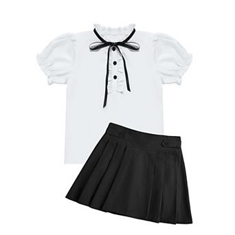 Girls Ruffle Short Sleeve Button Down Shirt and Pleated Skirt 2 pc Outfit Set 3-12Y