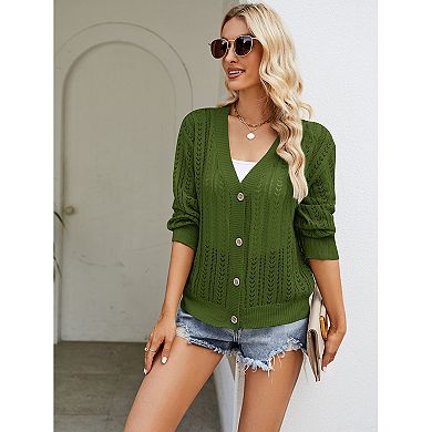 Women's Hollow Out Cardigan Sweaters Loose Crochet Button Down Casual Knit Top Fall Outwear