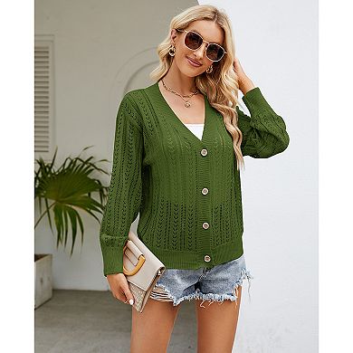 Women's Hollow Out Cardigan Sweaters Loose Crochet Button Down Casual Knit Top Fall Outwear