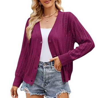 Women's Hollow Out Cardigan Sweaters Loose Crochet Button Down Casual Knit Top Fall Outwear