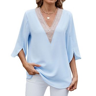 Womens Dressy Casual 3/4 Sleeve Tops V Neck Ruffle Blouses Bussiness Work Trendy Shirt