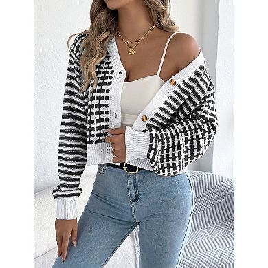 Womens Checkered Cardigan Sweaters Striped Cropped Button Fall Trendy Open Front Knit Sweater Coats