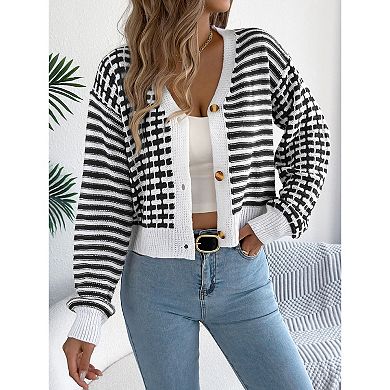 Womens Checkered Cardigan Sweaters Striped Cropped Button Fall Trendy Open Front Knit Sweater Coats