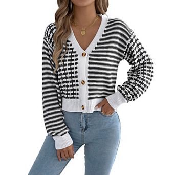 Womens Checkered Cardigan Sweaters Striped Cropped Button Fall Trendy Open Front Knit Sweater Coats