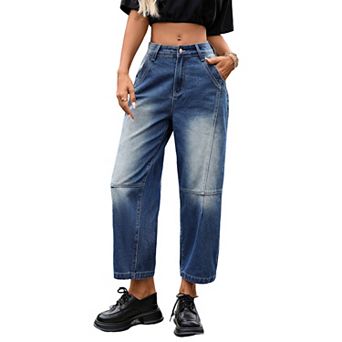 Women's Wide Leg Jeans High Waisted Stretchy Straight Leg Trendy Denim Cropped Pants with Pocket