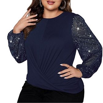 Women Pleats Hem Casual Illusion Sequin Ballon Long Sleeves Round Neck Matching Plus Blouse