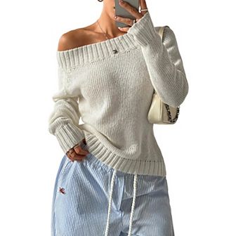 Womens Solid Pullovers Off Shoulder Long Sleeve Casual Fitted Knit Sweater Tops