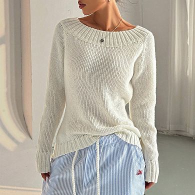 Womens Solid Pullovers Off Shoulder Long Sleeve Casual Fitted Knit Sweater Tops