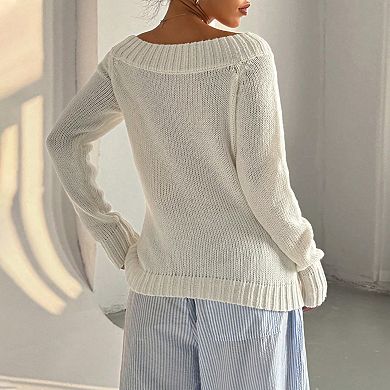 Womens Solid Pullovers Off Shoulder Long Sleeve Casual Fitted Knit Sweater Tops