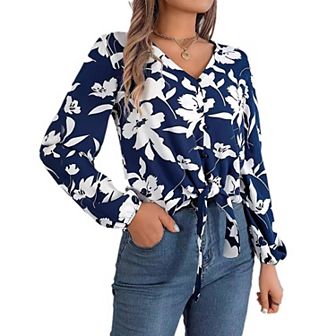 Women Long Sleeve Casual Blouse Fashion Floral Shirts Trendy V Neck Button Down Shirts Tops
