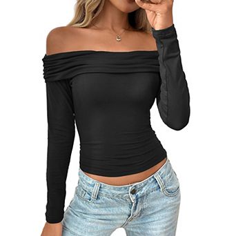 Women's Charming Off Shoulder Tops Long Sleeve Slim Fit Stretch Blouse Y2K Going Out Shirt