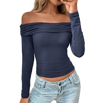Women's Charming Off Shoulder Tops Long Sleeve Slim Fit Stretch Blouse Y2K Going Out Shirt