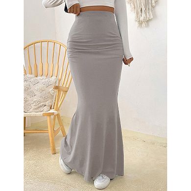 Women's Casual Ruched High Waisted Fishtail Bodycon Long Maxi Skirt