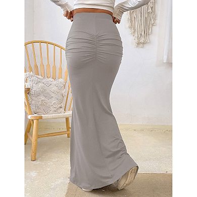 Women's Casual Ruched High Waisted Fishtail Bodycon Long Maxi Skirt
