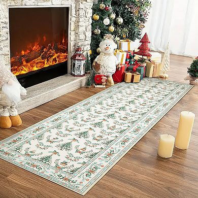 Garvee Christmas Tree Wreath Non Slip Area Rug Washable Low Pile Rug for Living Room Kitchen Bedroom
