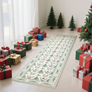 Garvee Christmas Tree Wreath Non Slip Area Rug Washable Low Pile Rug for Living Room Kitchen Bedroom