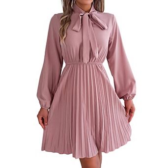 Women's Casual Lace Up Solid High Waist Pleated Dress Summer Long Sleeve Tie Neck Dresses