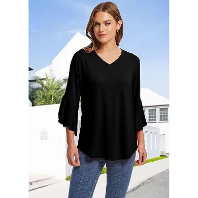 Womens V Neck Casual Blouse 3/4 Ruffle Flared Sleeve Tops Curved Hem Tunic