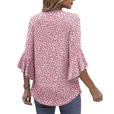 Womens V Neck Casual Blouse 3/4 Ruffle Flared Sleeve Tops Curved Hem Tunic