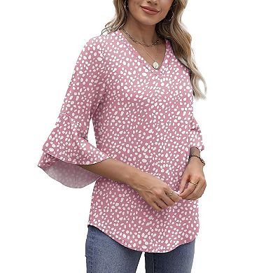 Womens V Neck Casual Blouse 3/4 Ruffle Flared Sleeve Tops Curved Hem Tunic