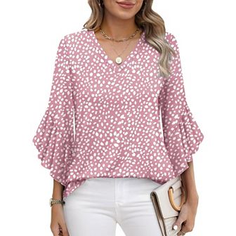 Womens V Neck Casual Blouse 3/4 Ruffle Flared Sleeve Tops Curved Hem Tunic