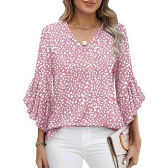 Womens V Neck Casual Blouse 3/4 Ruffle Flared Sleeve Tops Curved Hem Tunic