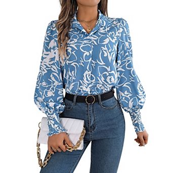 Women Polo Shirts Lapel Collar V Neck Lantern Long Sleeve Blouse Dressy Casual Tunic Tops