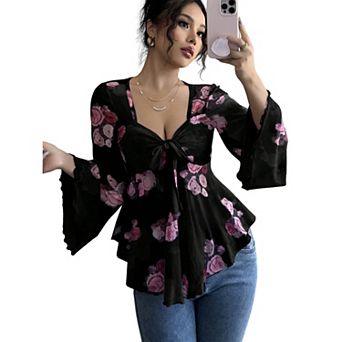 Women's Floral Mesh Bell Long Sleeve Tops Bow Tie Front Sweetheart Neck Ruffle Hem Shirts