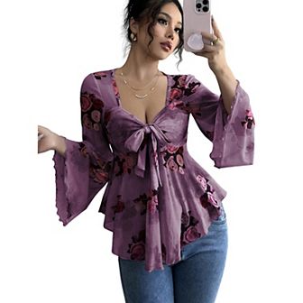 Women's Floral Mesh Bell Long Sleeve Tops Bow Tie Front Sweetheart Neck Ruffle Hem Shirts