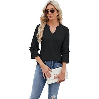 3/4 Sleeve Tunic Tops for Womens V Neck Ruffle Trim Dressy Casual Summer Breathable Shirt