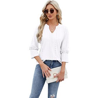 3/4 Sleeve Tunic Tops for Womens V Neck Ruffle Trim Dressy Casual Summer Breathable Shirt