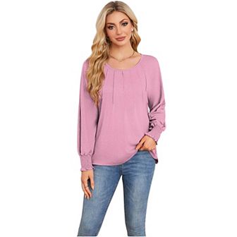 Women's Long Sleeve Blouse Loose Fit Shirt Round Neck Pintuck Design Tops for Daily Wear