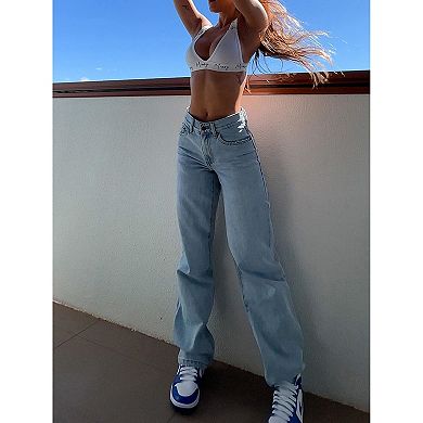 Women’s Ripped Jeans High Waisted Distressed Baggy Straight Wide Leg Pants
