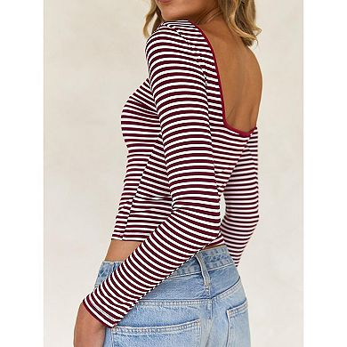 Women'S Summer Fall Long Sleeve Boat Neck Stripe Shirts Casual Slim Fit Backless Rib Tops