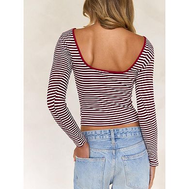 Women'S Summer Fall Long Sleeve Boat Neck Stripe Shirts Casual Slim Fit Backless Rib Tops