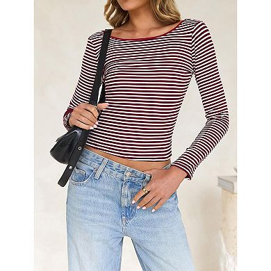 Women'S Summer Fall Long Sleeve Boat Neck Stripe Shirts Casual Slim Fit Backless Rib Tops