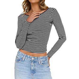 Women'S Summer Fall Long Sleeve Boat Neck Stripe Shirts Casual Slim Fit Backless Rib Tops