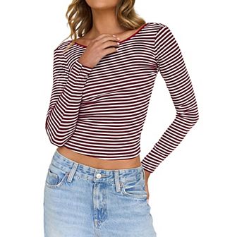 Women'S Summer Fall Long Sleeve Boat Neck Stripe Shirts Casual Slim Fit Backless Rib Tops