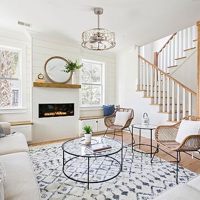 20-in caged fan, 5 ABS blades, 5&10" downrods, AC motor, 3-speed remote, timer