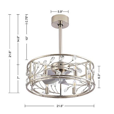 20-in caged fan, 5 ABS blades, 5&10" downrods, AC motor, 3-speed remote, timer