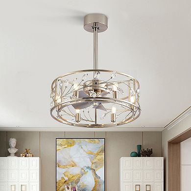 20-in caged fan, 5 ABS blades, 5&10" downrods, AC motor, 3-speed remote, timer