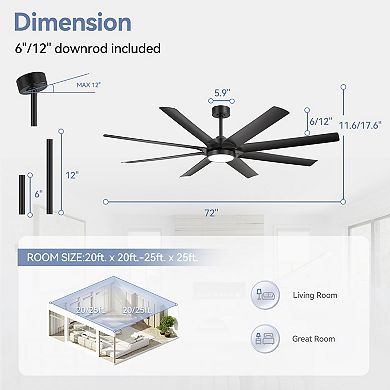 72-in ceiling fan, 3-color light, 8 ABS blades, 6&12" downrods, DC motor, 6-speed remote