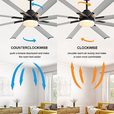 72-in ceiling fan, 8 aluminum blades, DC motor, remote, 6 speeds, 3-color LED light, memory