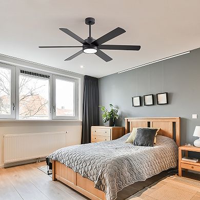 60-in modern LED fan, light, remote, 6 reversible plywood blades, 6&12" downrods
