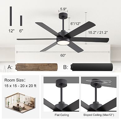 60-in modern LED fan, light, remote, 6 reversible plywood blades, 6&12" downrods