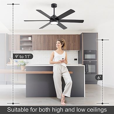 60-in modern LED fan, light, remote, 6 reversible plywood blades, 6&12" downrods