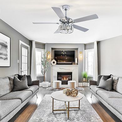52-In Indoor Chandelier Ceiling Fan with 5 Silver Blades, Crystal E12 Triple Light, Remote Included