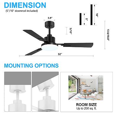 52-in ceiling fan, 3 dual-finish plywood blades, 3-color light, 6-speed DC motor, remote