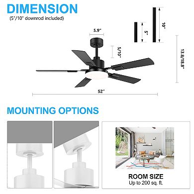 52-in LED ceiling fan, DC motor, 6-speed remote, 3-color LED, 5/10" downrods