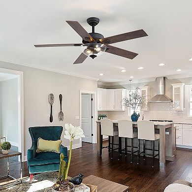 52-in traditional fan, light kit, 5 plywood blades, 6-speed DC motor, remote, timer